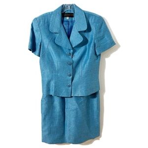 Vintage Designer Kelly Graham NY Two Piece Skirt And Blazer Linen Suit Sky Blue